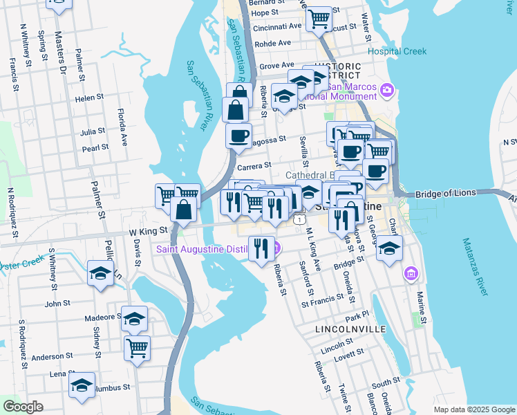 map of restaurants, bars, coffee shops, grocery stores, and more near 135 Oviedo Street in St. Augustine