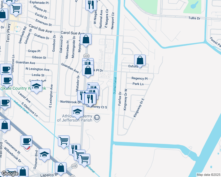 map of restaurants, bars, coffee shops, grocery stores, and more near 905 East Monterey Court in Terrytown