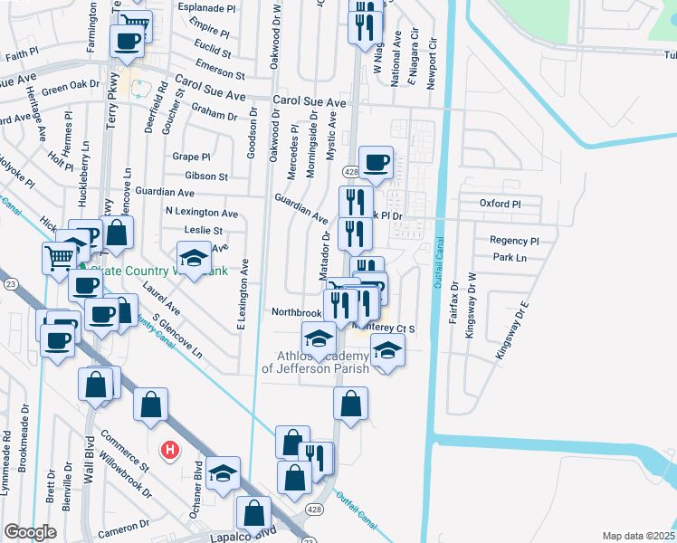 map of restaurants, bars, coffee shops, grocery stores, and more near 852 Behrman Highway in Terrytown