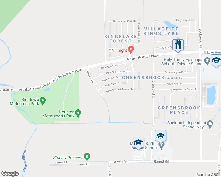 map of restaurants, bars, coffee shops, grocery stores, and more near 11803 Greensbrook Forest Drive in Houston