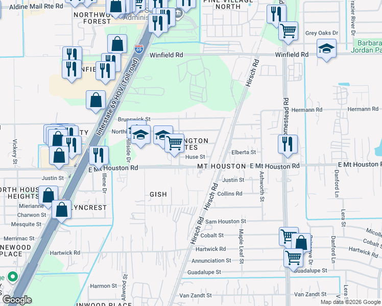 map of restaurants, bars, coffee shops, grocery stores, and more near 5601 Huse Street in Houston
