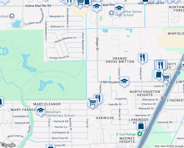 map of restaurants, bars, coffee shops, grocery stores, and more near 11715 Gloger Street in Houston