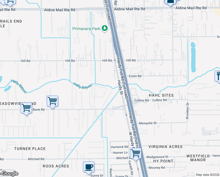 map of restaurants, bars, coffee shops, grocery stores, and more near 13319 Walla Lane in Houston