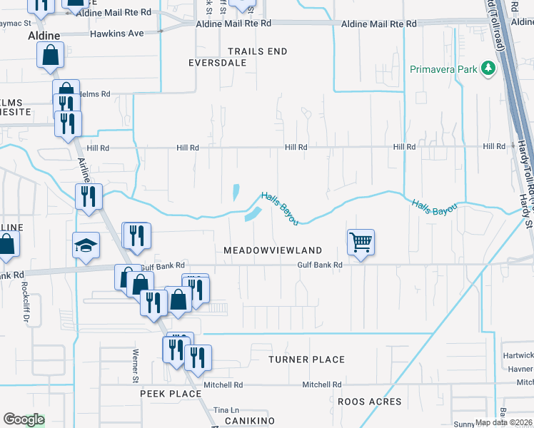 map of restaurants, bars, coffee shops, grocery stores, and more near 13323 Glennlast Lane in Houston