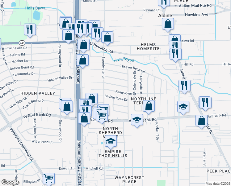 map of restaurants, bars, coffee shops, grocery stores, and more near 546 Saddle Rock Drive in Houston