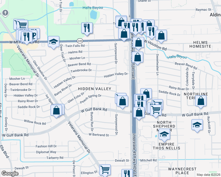 map of restaurants, bars, coffee shops, grocery stores, and more near 806 Saddle Rock Drive in Houston