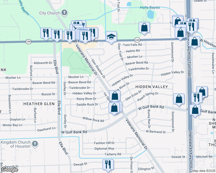 map of restaurants, bars, coffee shops, grocery stores, and more near 9003 Glen Shadow Drive in Houston