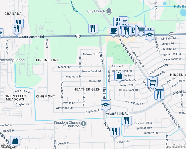 map of restaurants, bars, coffee shops, grocery stores, and more near 1926 Twinbrooke Drive in Houston