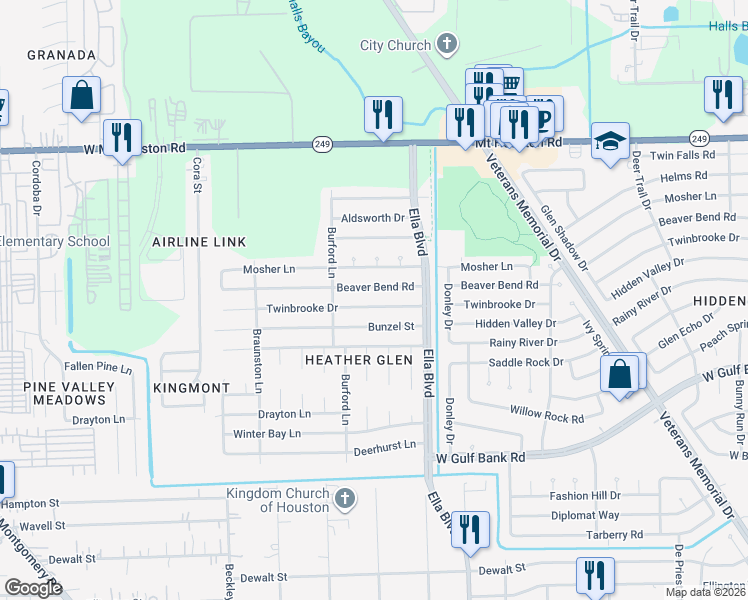map of restaurants, bars, coffee shops, grocery stores, and more near 2014 Twinbrooke Drive in Houston