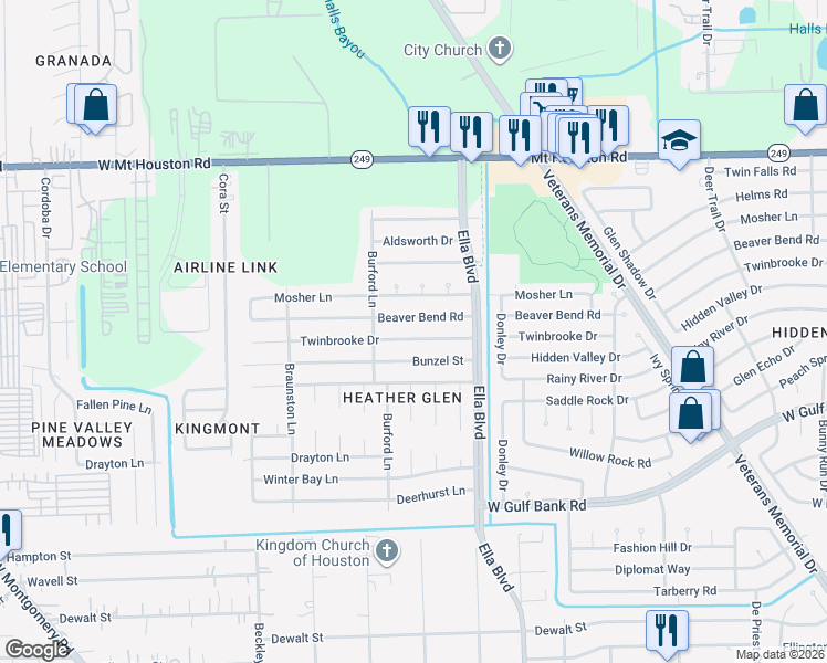 map of restaurants, bars, coffee shops, grocery stores, and more near 2014 Twinbrooke Drive in Houston