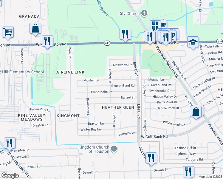 map of restaurants, bars, coffee shops, grocery stores, and more near 2106 Twinbrooke Drive in Houston