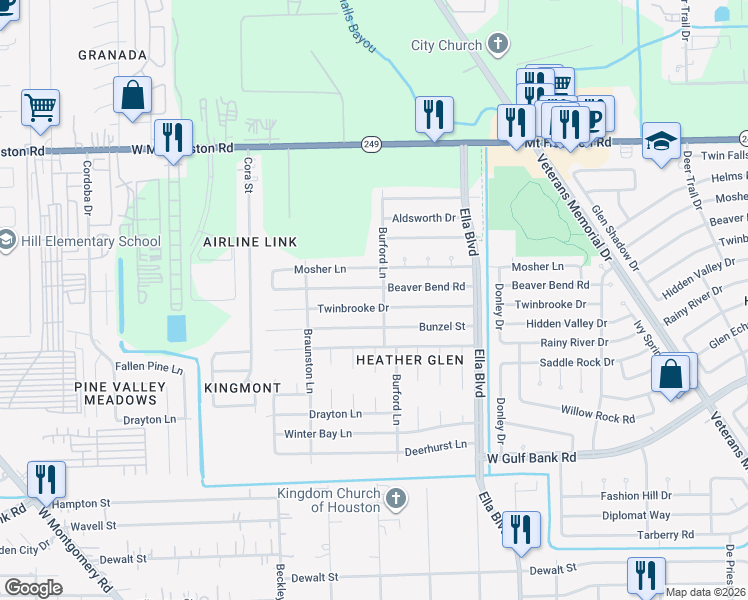 map of restaurants, bars, coffee shops, grocery stores, and more near 2106 Twinbrooke Drive in Houston