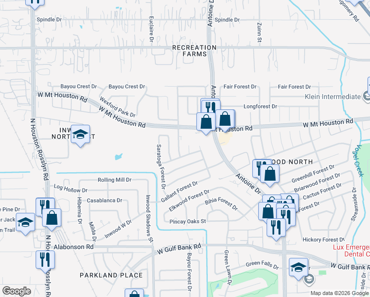 map of restaurants, bars, coffee shops, grocery stores, and more near 8607 Chestnut Forest Drive in Houston