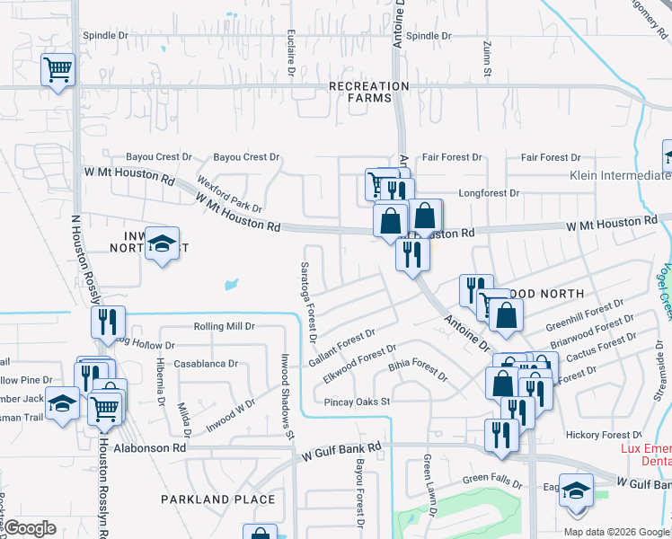 map of restaurants, bars, coffee shops, grocery stores, and more near 8619 Wildforest Drive in Houston
