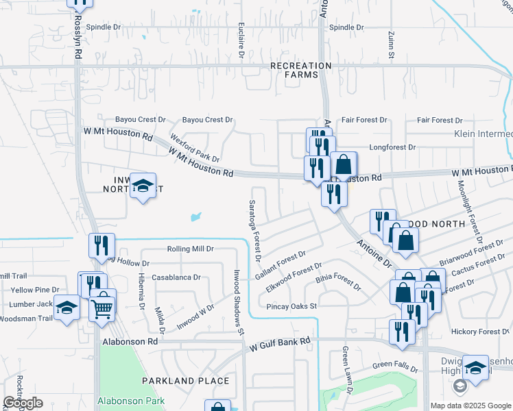 map of restaurants, bars, coffee shops, grocery stores, and more near 8619 Wildforest Drive in Houston