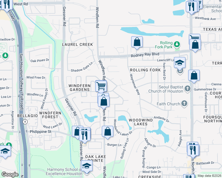 map of restaurants, bars, coffee shops, grocery stores, and more near 9218 Mauna Loa Lane in Houston