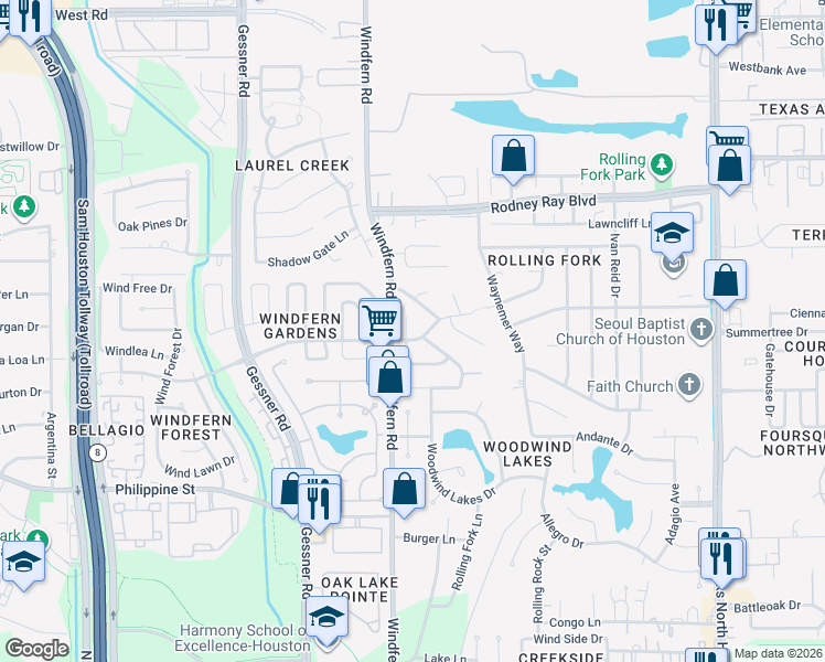 map of restaurants, bars, coffee shops, grocery stores, and more near 9218 Mauna Loa Lane in Houston