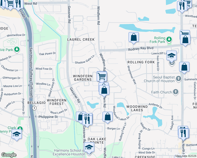 map of restaurants, bars, coffee shops, grocery stores, and more near 8302 Silvan Wind Lane in Houston