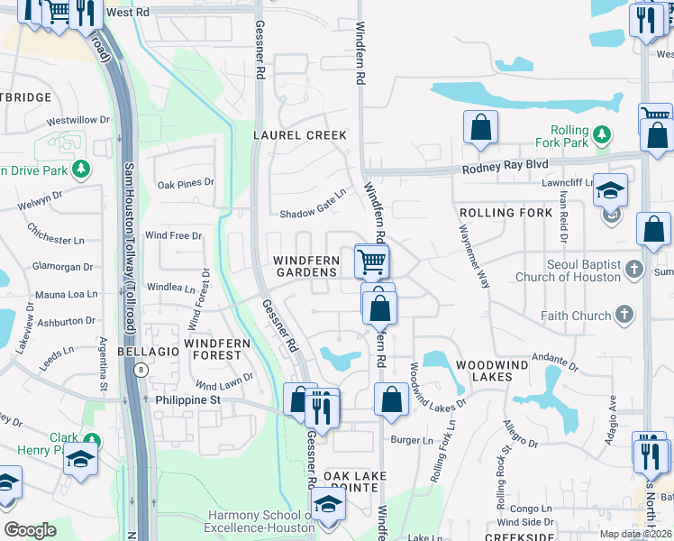 map of restaurants, bars, coffee shops, grocery stores, and more near 8303 Country Wind Lane in Houston