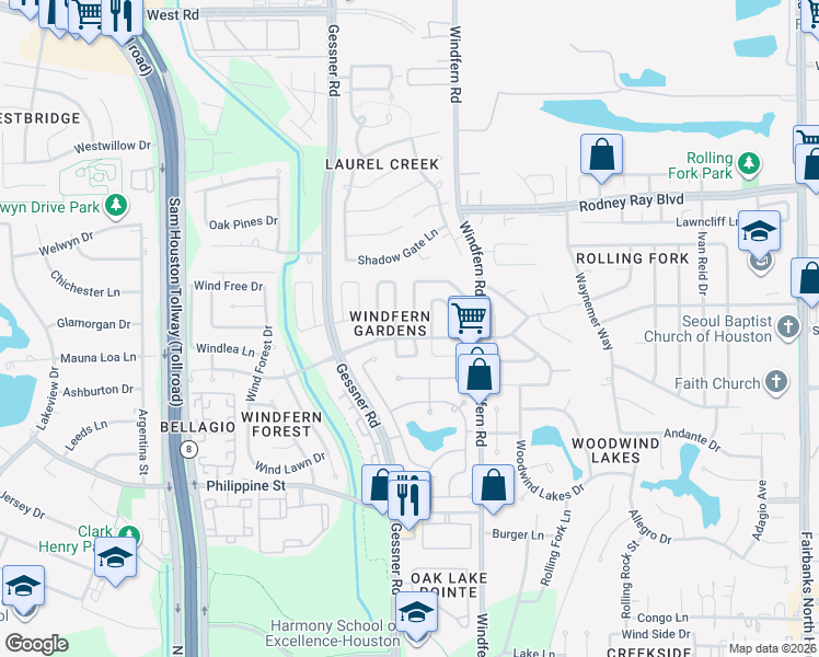 map of restaurants, bars, coffee shops, grocery stores, and more near 8303 Spring Wind Drive in Houston