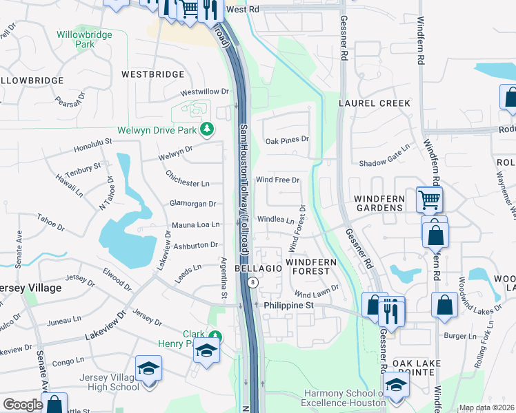 map of restaurants, bars, coffee shops, grocery stores, and more near 8322 Windfall Lane in Houston