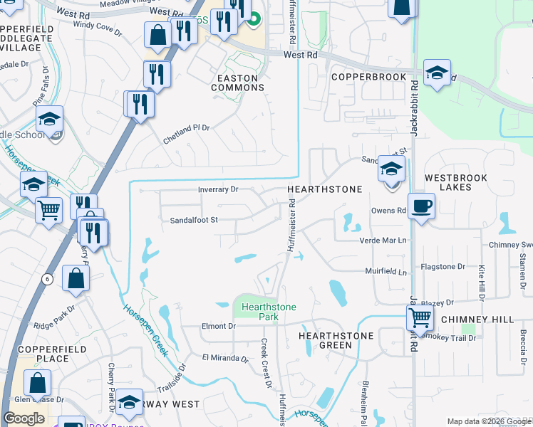 map of restaurants, bars, coffee shops, grocery stores, and more near 14727 Sandalfoot Street in Houston
