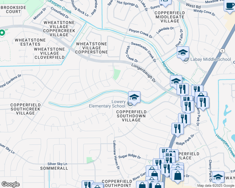 map of restaurants, bars, coffee shops, grocery stores, and more near 16110 Rainbow Lake Road in Houston