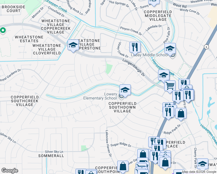 map of restaurants, bars, coffee shops, grocery stores, and more near 16110 Rainbow Lake Road in Houston