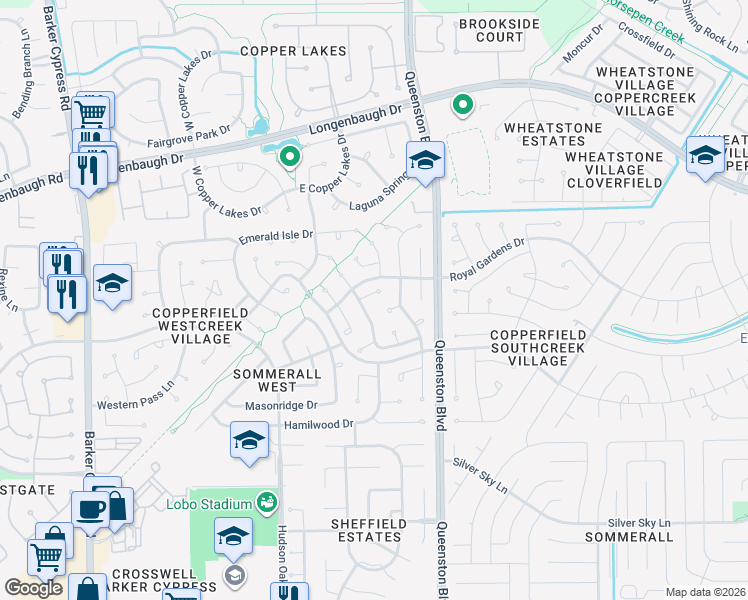 map of restaurants, bars, coffee shops, grocery stores, and more near 17334 Meadow Heights Drive in Houston