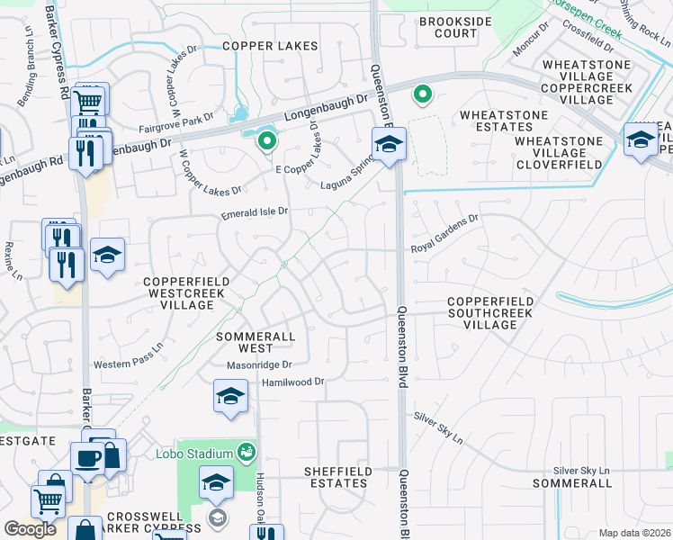 map of restaurants, bars, coffee shops, grocery stores, and more near 17334 Meadow Heights Drive in Houston
