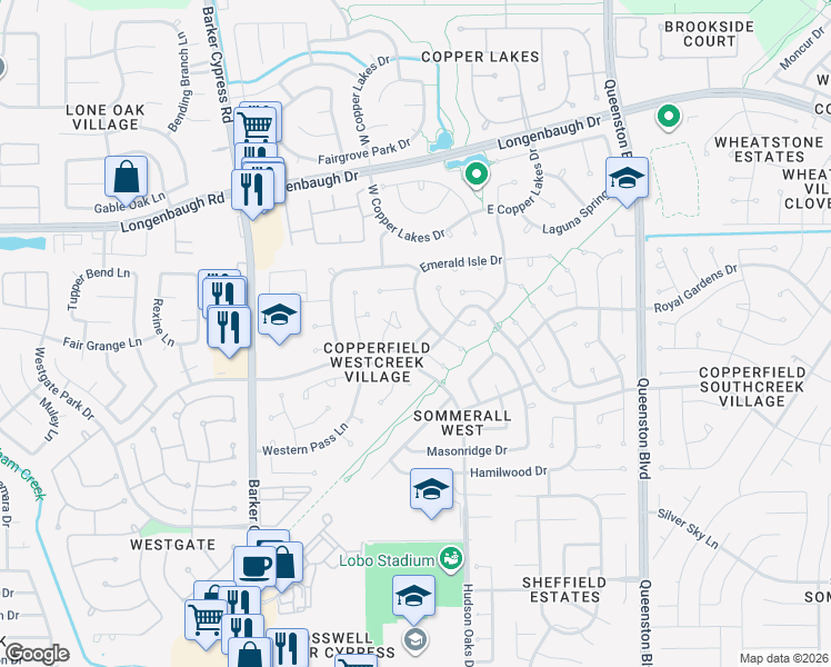 map of restaurants, bars, coffee shops, grocery stores, and more near 17718 Mossy Ridge Lane in Houston