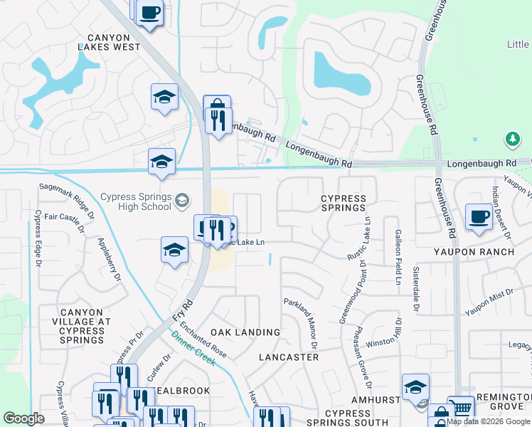 map of restaurants, bars, coffee shops, grocery stores, and more near 7826 Meandering Oak Lane in Cypress