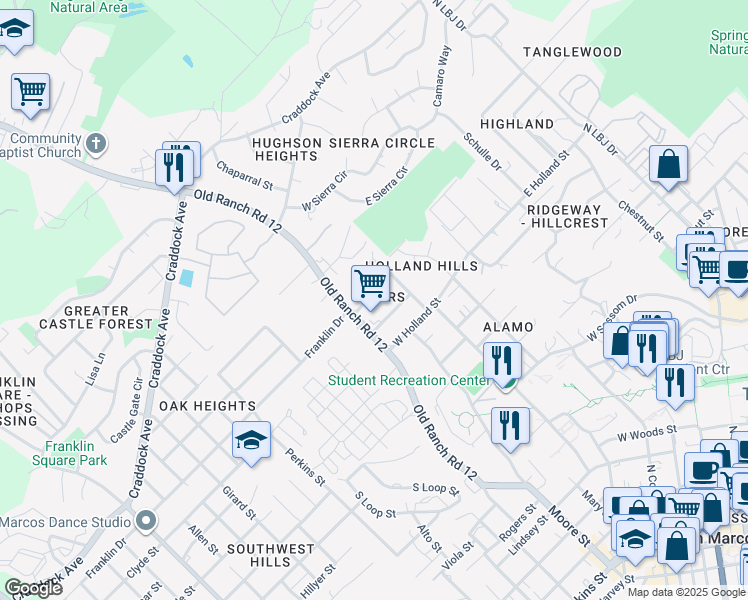 map of restaurants, bars, coffee shops, grocery stores, and more near 116 A B Coers Circle in San Marcos