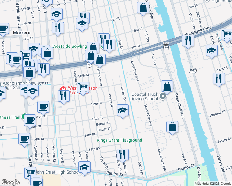 map of restaurants, bars, coffee shops, grocery stores, and more near 1121 Saint Michael Drive in Harvey
