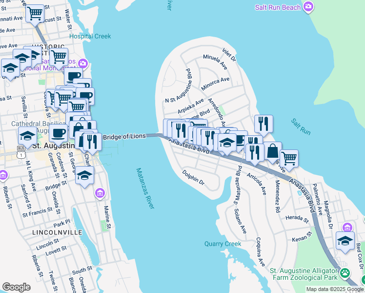 map of restaurants, bars, coffee shops, grocery stores, and more near 13 Anastasia Boulevard in St. Augustine