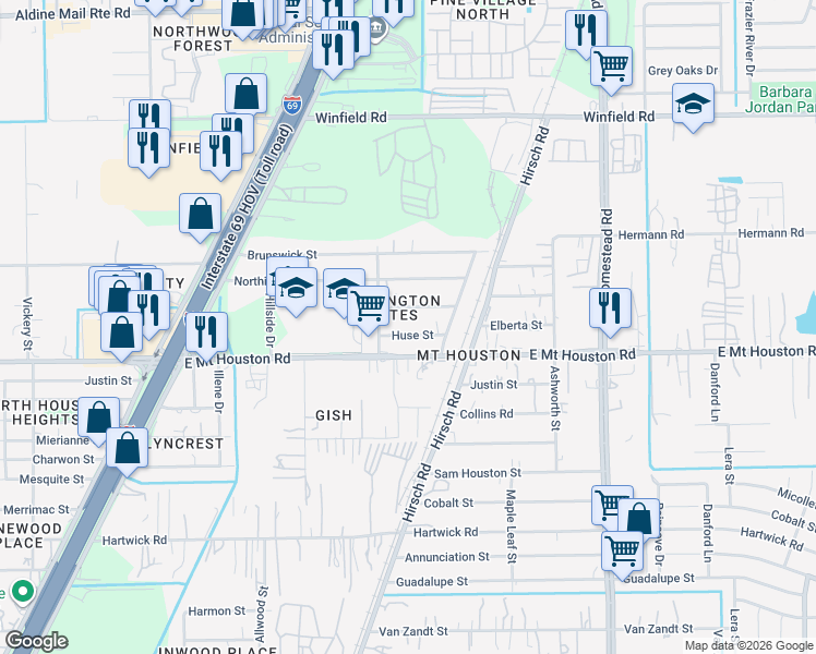 map of restaurants, bars, coffee shops, grocery stores, and more near 5601 Huse Street in Houston