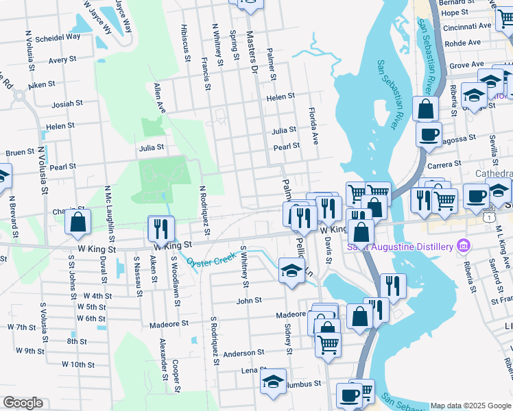 map of restaurants, bars, coffee shops, grocery stores, and more near 8 Spring Street in St. Augustine