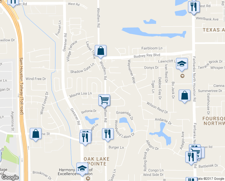 map of restaurants, bars, coffee shops, grocery stores, and more near 9218 Mauna Loa Lane in Houston