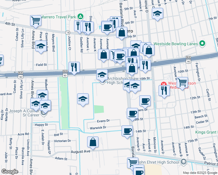 map of restaurants, bars, coffee shops, grocery stores, and more near 1000 Barataria Boulevard in Marrero
