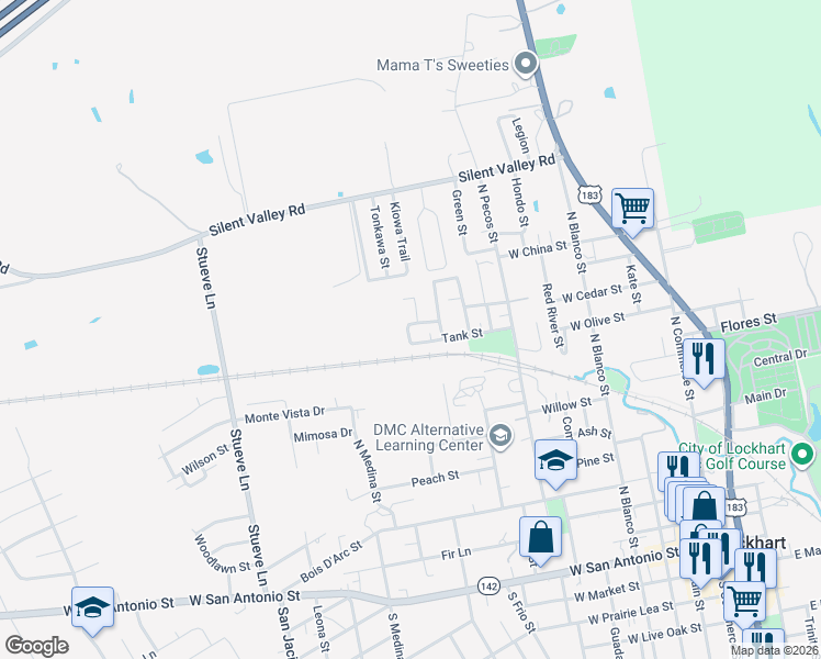 map of restaurants, bars, coffee shops, grocery stores, and more near 913 Tank Street in Lockhart