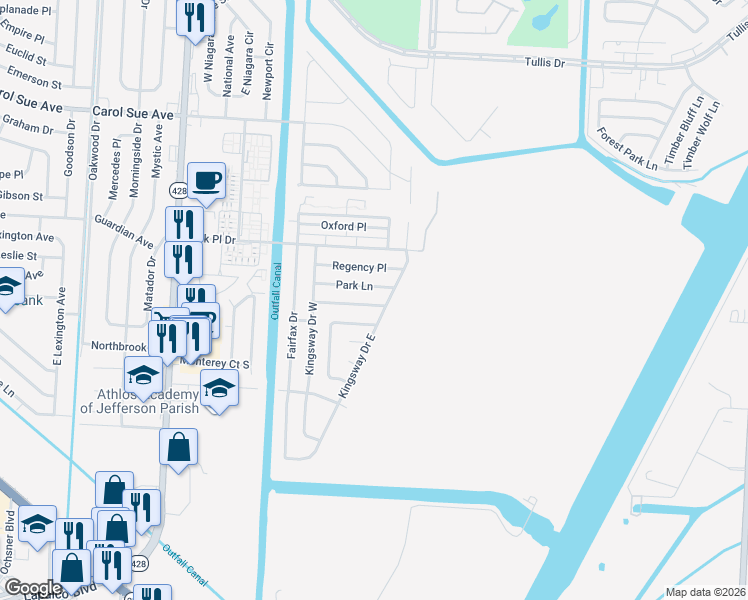 map of restaurants, bars, coffee shops, grocery stores, and more near 2449 Knightway Drive in Terrytown