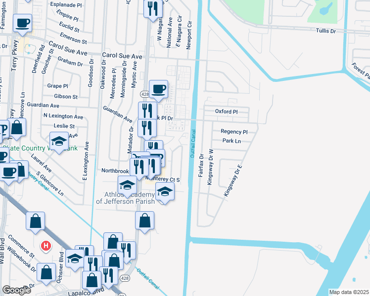 map of restaurants, bars, coffee shops, grocery stores, and more near 905 East Monterey Court in Terrytown
