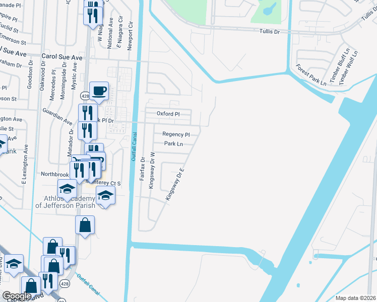 map of restaurants, bars, coffee shops, grocery stores, and more near 2449 Knightway Drive in Terrytown