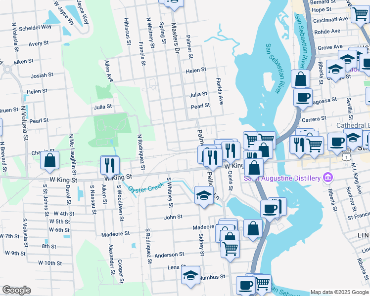 map of restaurants, bars, coffee shops, grocery stores, and more near 8 Spring Street in St. Augustine