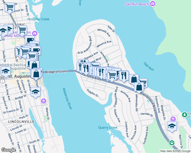 map of restaurants, bars, coffee shops, grocery stores, and more near 112 Florida A1A in St. Augustine