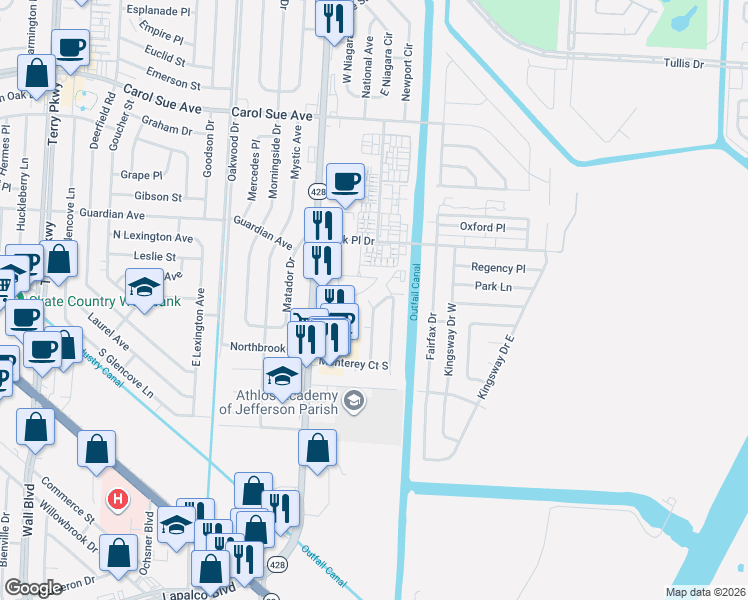 map of restaurants, bars, coffee shops, grocery stores, and more near 2900 North Monterey Court in Terrytown