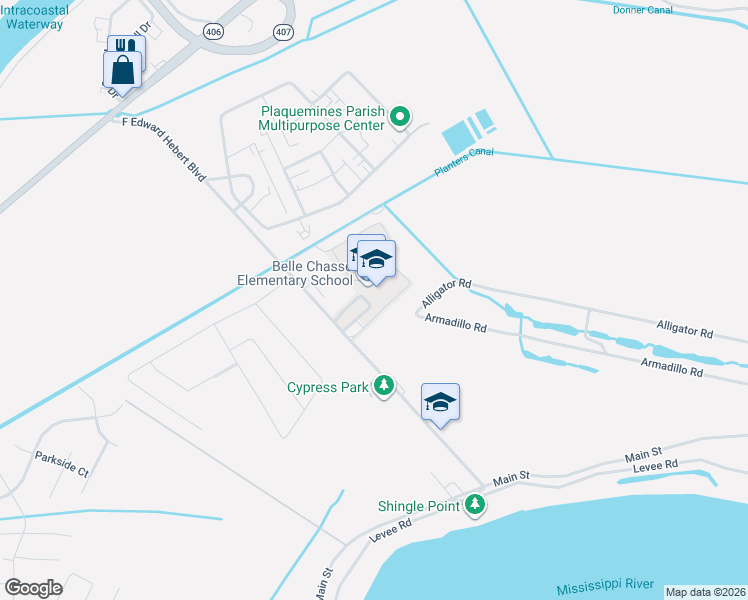 map of restaurants, bars, coffee shops, grocery stores, and more near 539 F Edward Hebert Boulevard in Belle Chasse