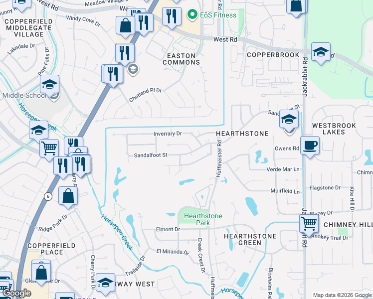 map of restaurants, bars, coffee shops, grocery stores, and more near 14818 Sandalfoot Street in Houston