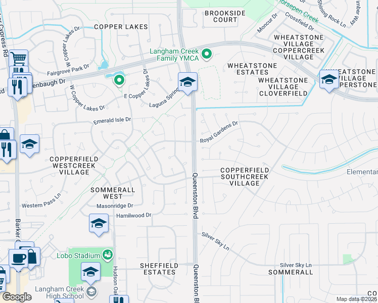 map of restaurants, bars, coffee shops, grocery stores, and more near 7706 Pebble Run Court in Houston