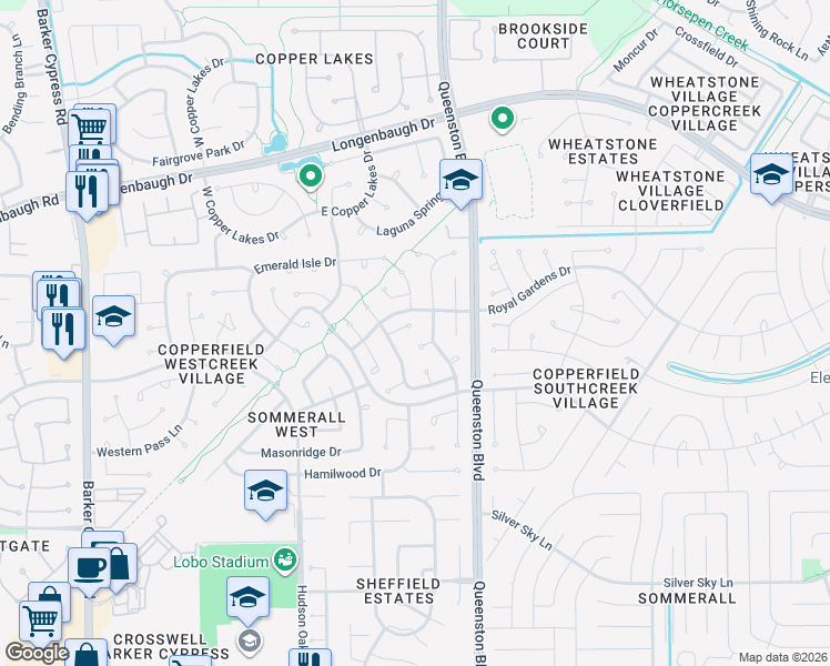 map of restaurants, bars, coffee shops, grocery stores, and more near 17334 Meadow Heights Drive in Houston